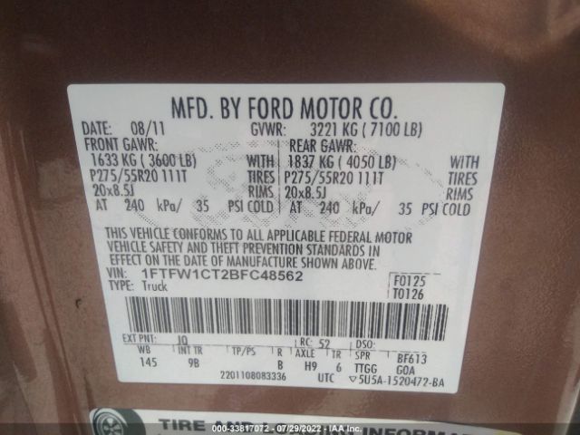 Photo 8 VIN: 1FTFW1CT2BFC48562 - FORD F-150 