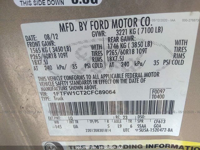 Photo 8 VIN: 1FTFW1CT2CFC89064 - FORD F-150 