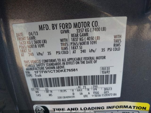 Photo 8 VIN: 1FTFW1CT3DKE76581 - FORD F-150 