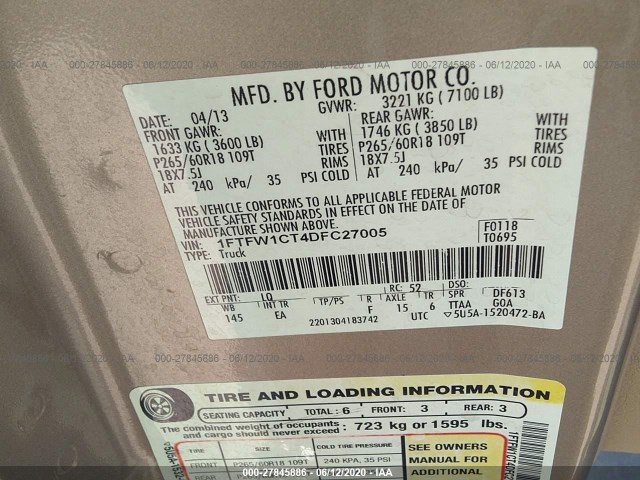 Photo 8 VIN: 1FTFW1CT4DFC27005 - FORD F-150 