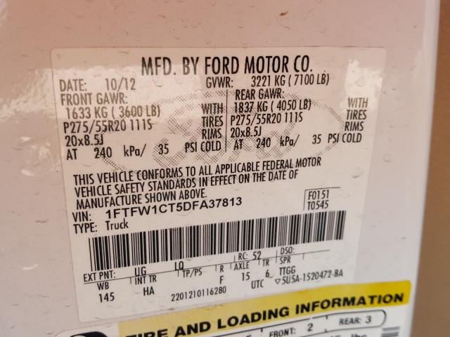 Photo 9 VIN: 1FTFW1CT5DFA37813 - FORD F150 2WD 