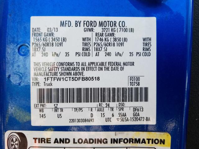 Photo 9 VIN: 1FTFW1CT5DFB80518 - FORD F150 SUPER 