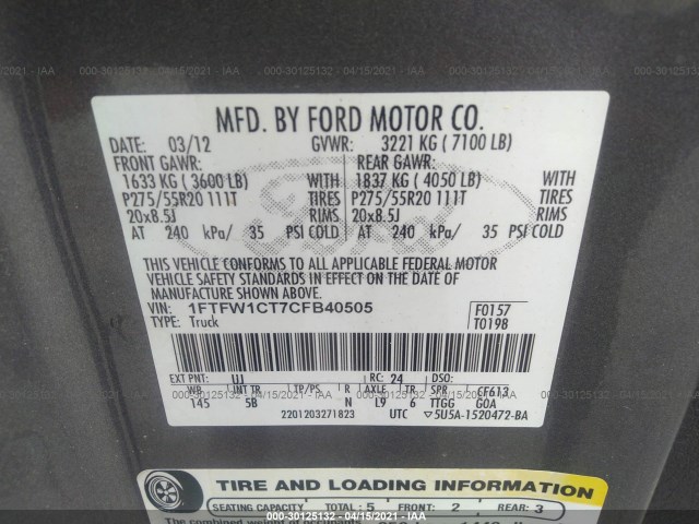 Photo 8 VIN: 1FTFW1CT7CFB40505 - FORD F-150 