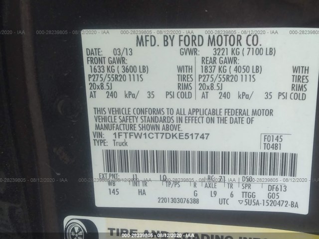 Photo 8 VIN: 1FTFW1CT7DKE51747 - FORD F-150 