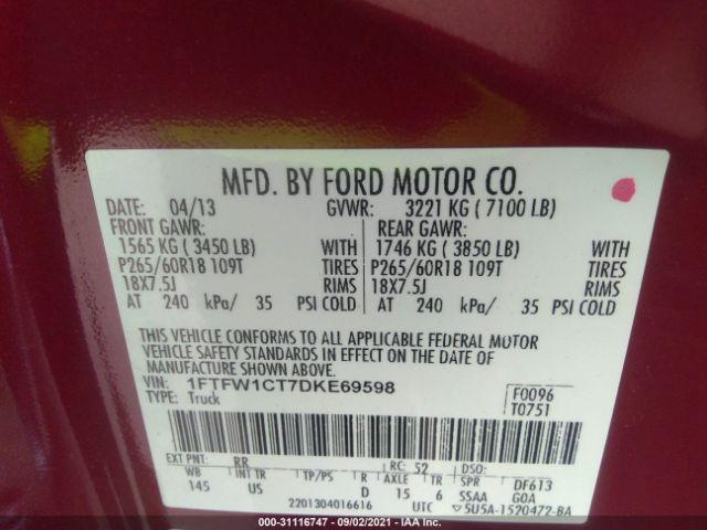 Photo 8 VIN: 1FTFW1CT7DKE69598 - FORD F-150 