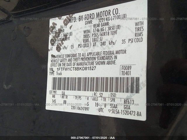 Photo 8 VIN: 1FTFW1CT8BKD81527 - FORD F-150 