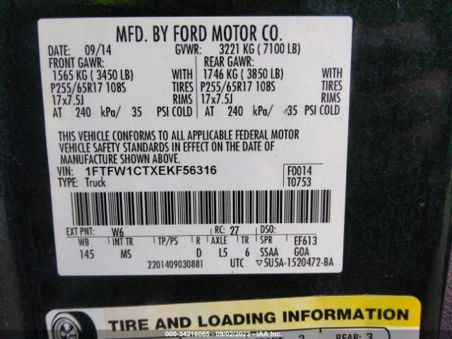 Photo 8 VIN: 1FTFW1CTXEKF56316 - FORD F-150 