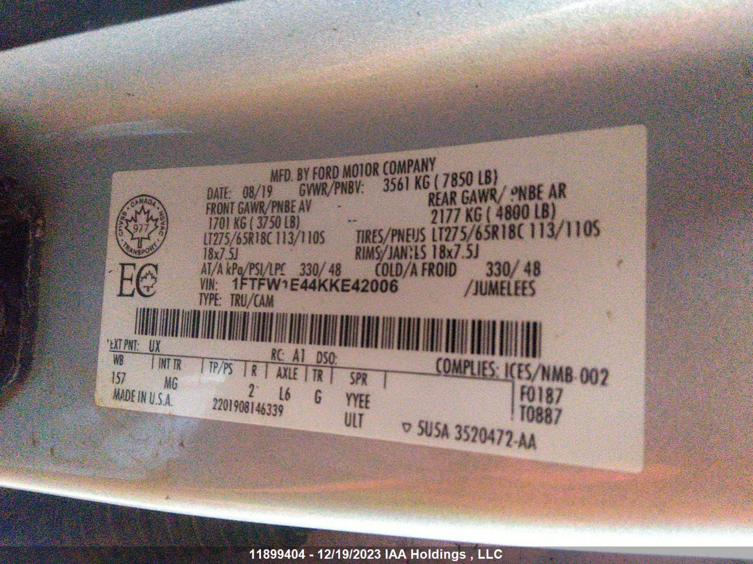 Photo 8 VIN: 1FTFW1E44KKE42006 - FORD F-150 