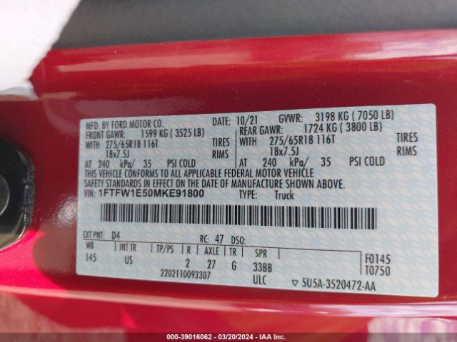 Photo 8 VIN: 1FTFW1E50MKE91800 - FORD F-150 