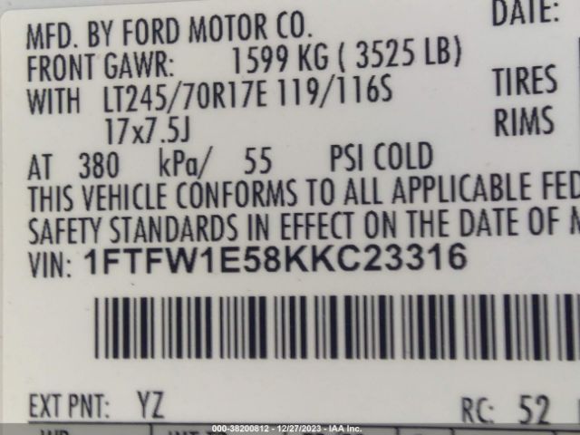 Photo 8 VIN: 1FTFW1E58KKC23316 - FORD F-150 