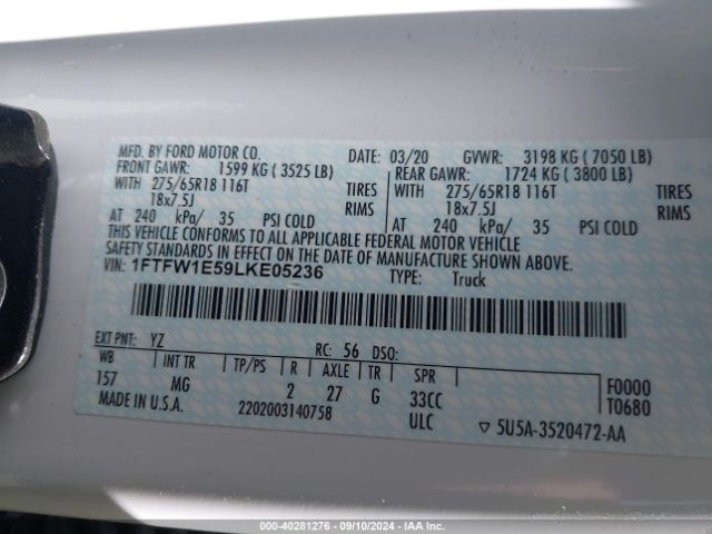 Photo 8 VIN: 1FTFW1E59LKE05236 - FORD F-150 