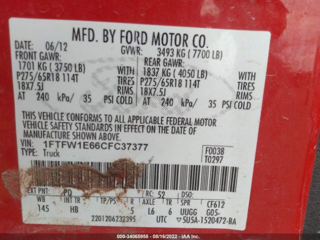 Photo 8 VIN: 1FTFW1E66CFC37377 - FORD F-150 