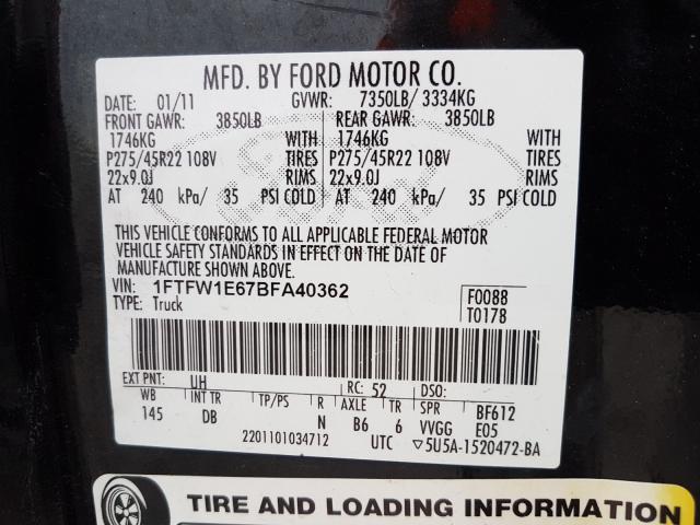 Photo 9 VIN: 1FTFW1E67BFA40362 - FORD F150 SUPER 