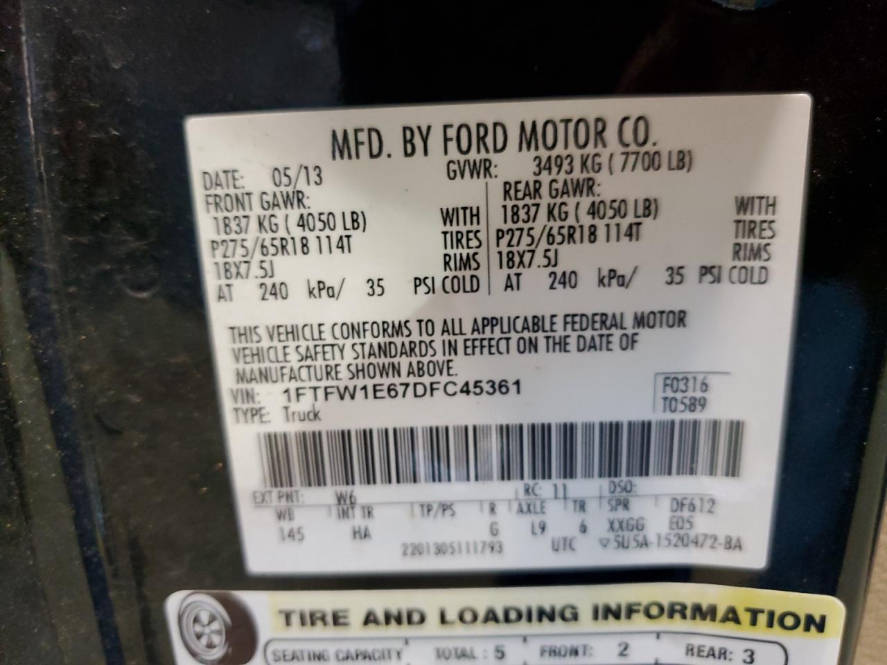 Photo 11 VIN: 1FTFW1E67DFC45361 - FORD F-150 