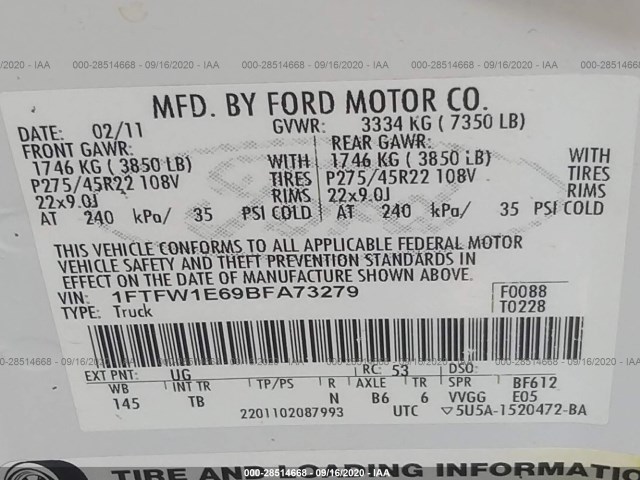 Photo 8 VIN: 1FTFW1E69BFA73279 - FORD F-150 