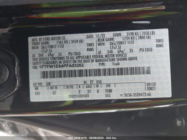 Photo 8 VIN: 1FTFW1E84PFA03262 - FORD F-150 