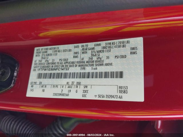 Photo 8 VIN: 1FTFW1E88NFC14722 - FORD F-150 