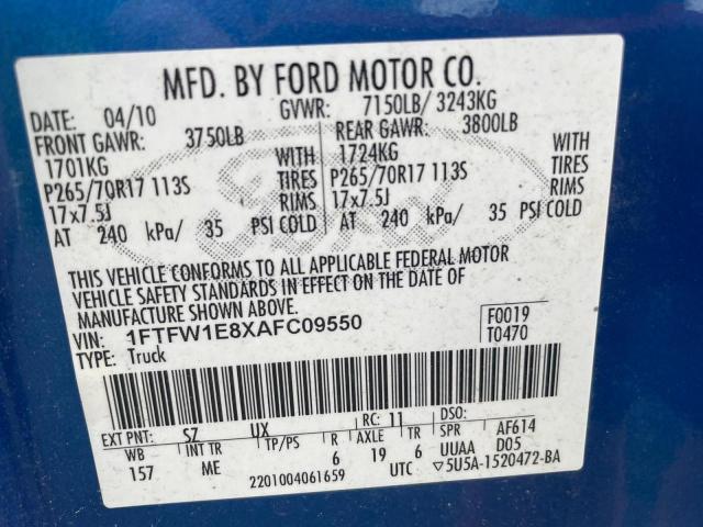 Photo 9 VIN: 1FTFW1E8XAFC09550 - FORD F150 SUPER 