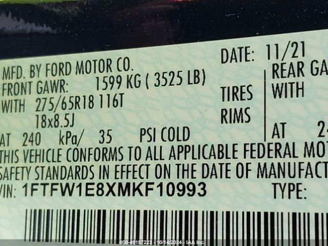 Photo 8 VIN: 1FTFW1E8XMKF10993 - FORD F-150 