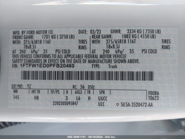 Photo 8 VIN: 1FTFW1ED0PFB20480 - FORD F-150 