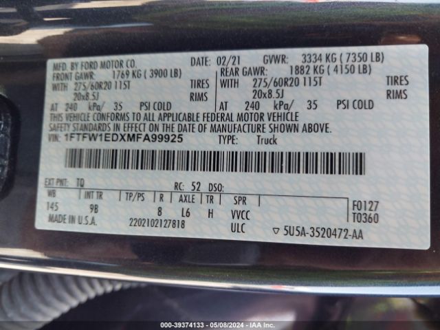 Photo 8 VIN: 1FTFW1EDXMFA99925 - FORD F150 