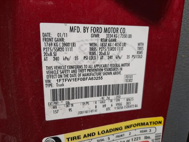 Photo 9 VIN: 1FTFW1EF0BFA63255 - FORD F150 SUPER 