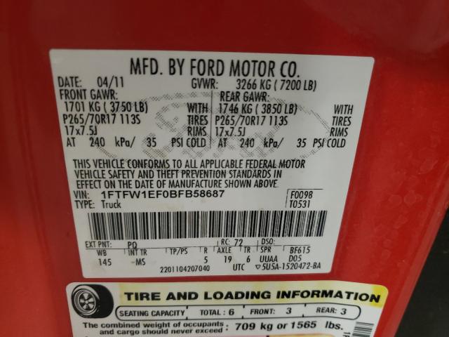 Photo 9 VIN: 1FTFW1EF0BFB58687 - FORD F150 SUPER 