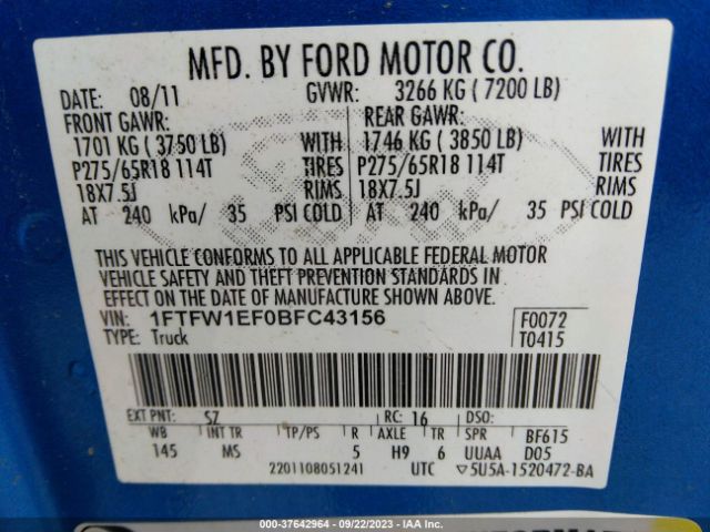 Photo 8 VIN: 1FTFW1EF0BFC43156 - FORD F-150 