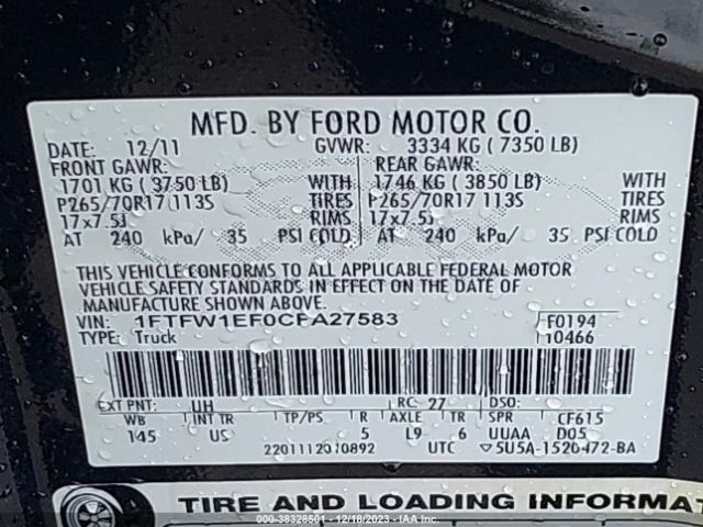 Photo 8 VIN: 1FTFW1EF0CFA27583 - FORD F-150 