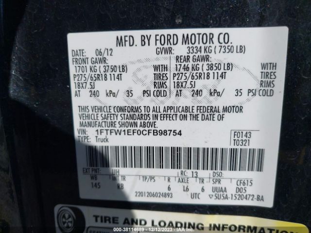 Photo 8 VIN: 1FTFW1EF0CFB98754 - FORD F-150 