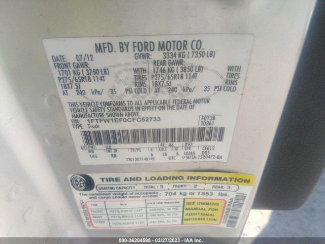 Photo 8 VIN: 1FTFW1EF0CFC52733 - FORD F-150 