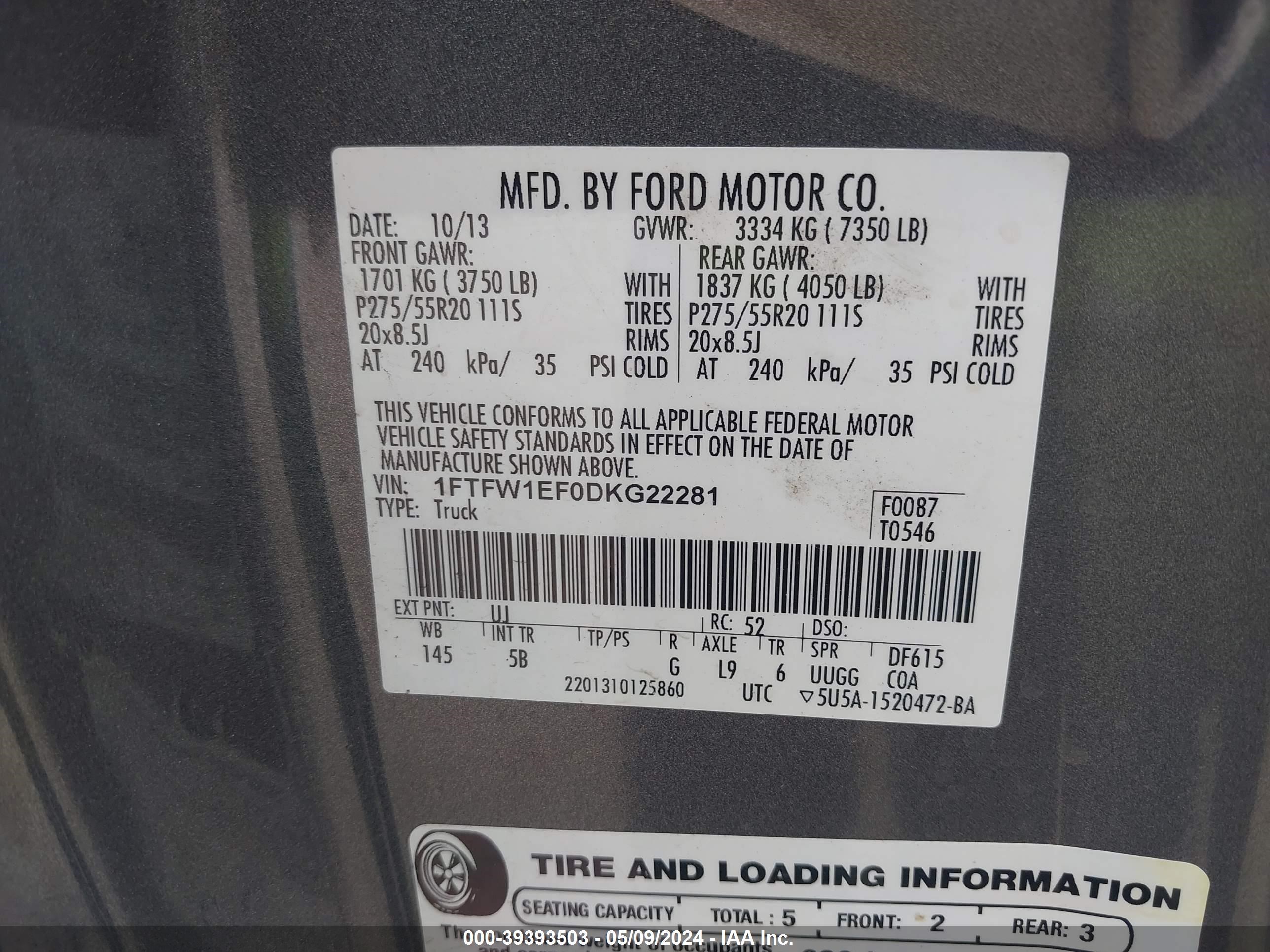 Photo 8 VIN: 1FTFW1EF0DKG22281 - FORD F-150 