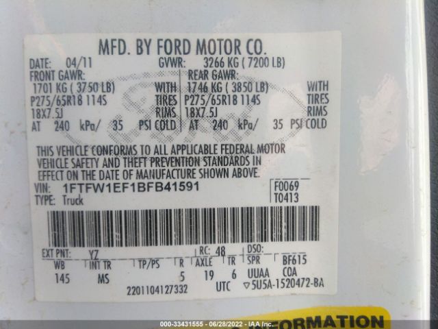 Photo 8 VIN: 1FTFW1EF1BFB41591 - FORD F-150 