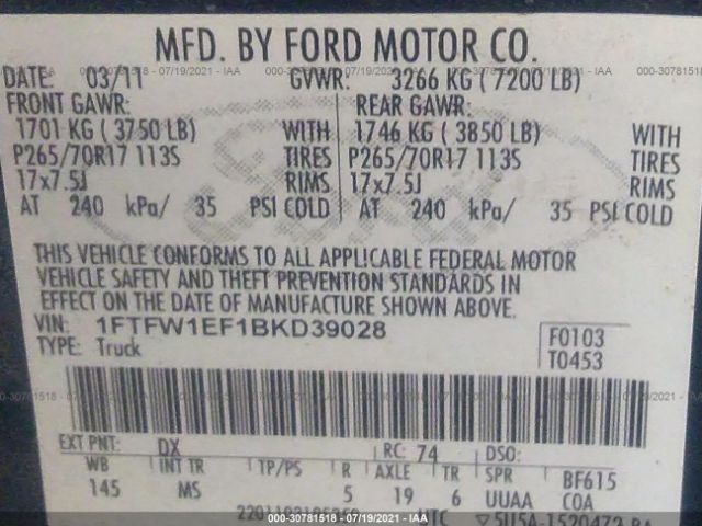 Photo 8 VIN: 1FTFW1EF1BKD39028 - FORD F-150 