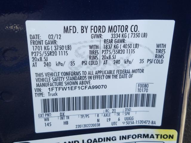 Photo 9 VIN: 1FTFW1EF1CFA99070 - FORD F150 SUPER 