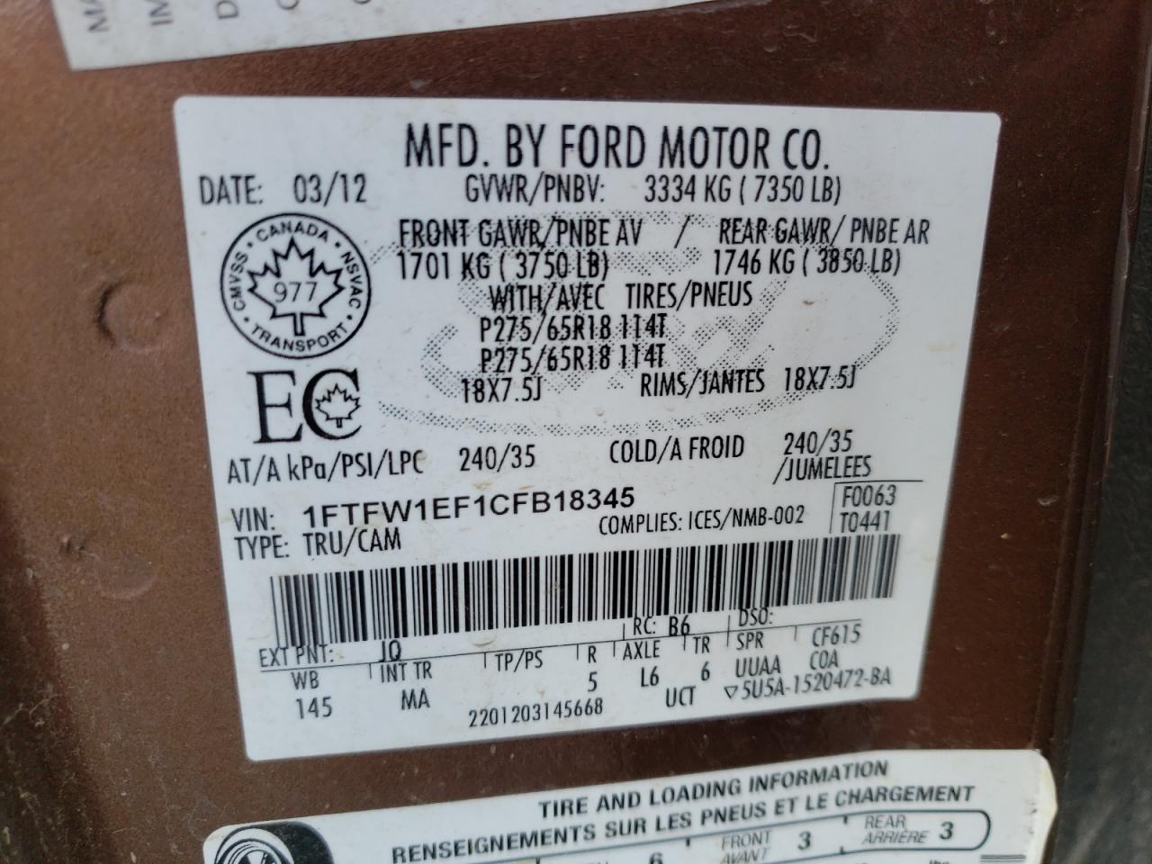 Photo 11 VIN: 1FTFW1EF1CFB18345 - FORD F-150 