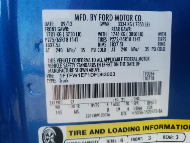 Photo 9 VIN: 1FTFW1EF1DFD63003 - FORD F150 SUPER 