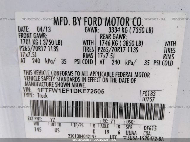 Photo 8 VIN: 1FTFW1EF1DKE72505 - FORD F-150 