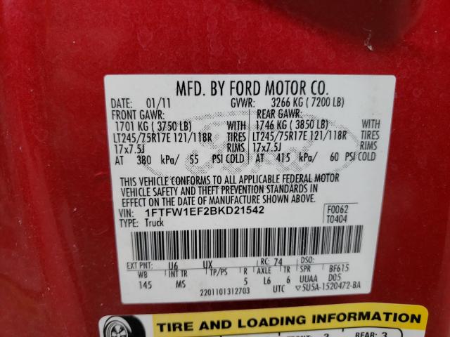 Photo 9 VIN: 1FTFW1EF2BKD21542 - FORD F150 SUPER 