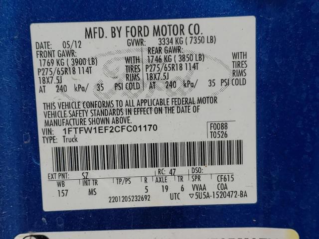 Photo 11 VIN: 1FTFW1EF2CFC01170 - FORD F-150 