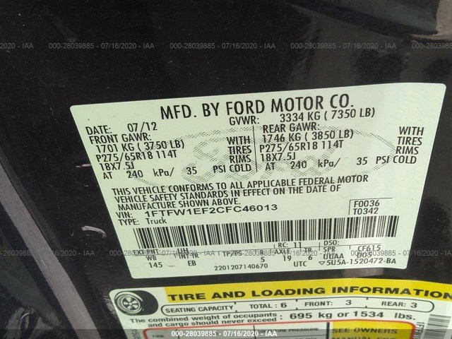 Photo 8 VIN: 1FTFW1EF2CFC46013 - FORD F-150 