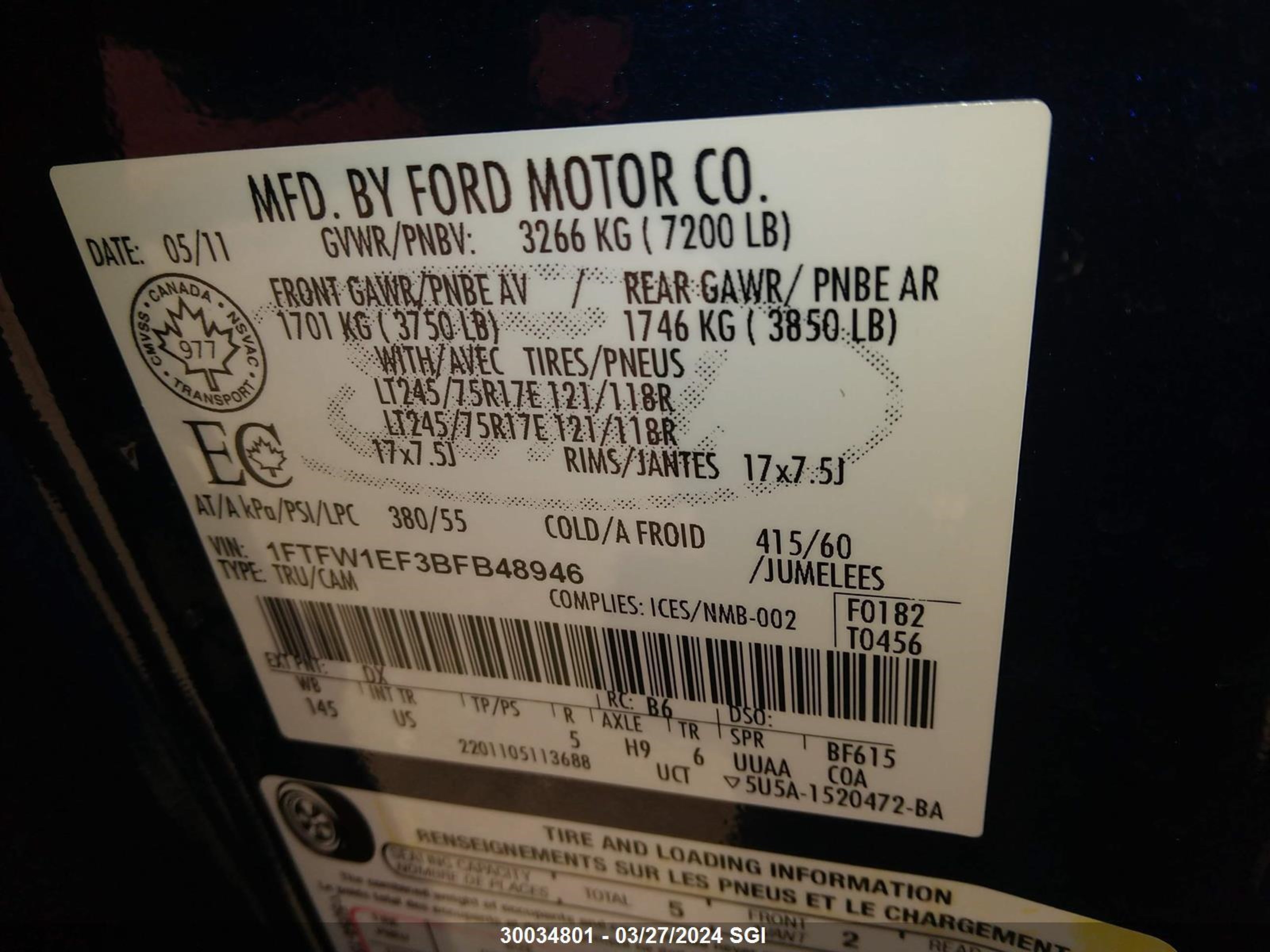 Photo 8 VIN: 1FTFW1EF3BFB48946 - FORD F-150 