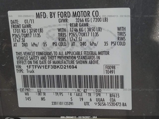 Photo 8 VIN: 1FTFW1EF3BKD21694 - FORD F-150 