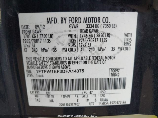 Photo 8 VIN: 1FTFW1EF3DFA14375 - FORD F-150 