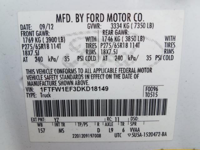 Photo 9 VIN: 1FTFW1EF3DKD18149 - FORD F150 SUPER 