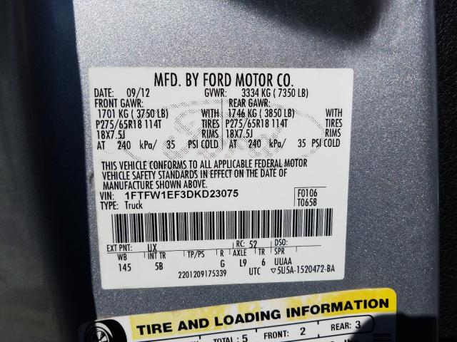 Photo 9 VIN: 1FTFW1EF3DKD23075 - FORD F150 SUPER 