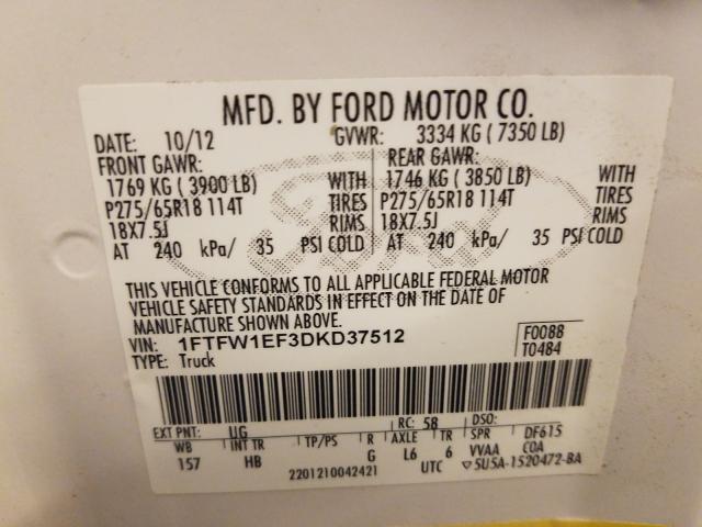 Photo 9 VIN: 1FTFW1EF3DKD37512 - FORD F150 SUPER 