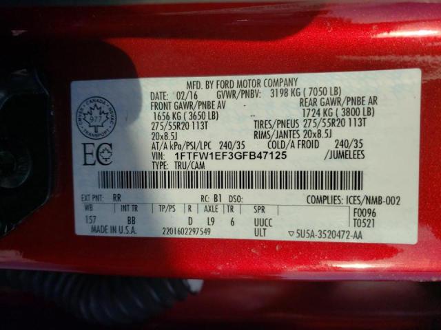 Photo 9 VIN: 1FTFW1EF3GFB47125 - FORD F150 SUPER 