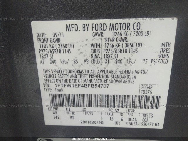 Photo 8 VIN: 1FTFW1EF4BFB54707 - FORD F-150 