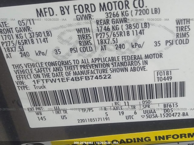 Photo 8 VIN: 1FTFW1EF4BFB74522 - FORD F-150 